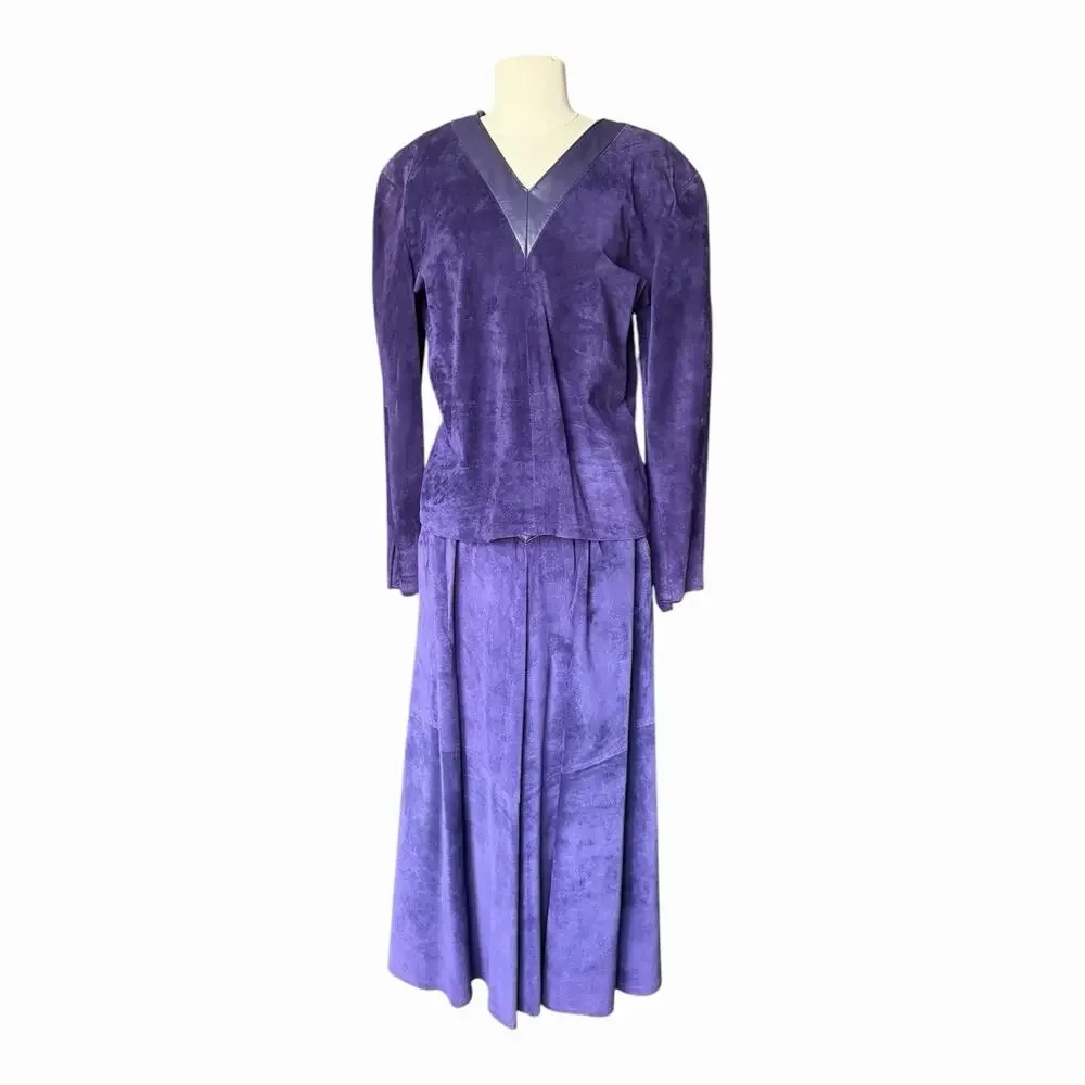 Vintage Liz Roberts Robert Elliott Purple Suede Two Piece Skirt Set Medium - Picture 1 of 16